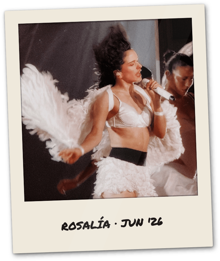 A polaroid print of ROSALÍA on stage, captioned ROSALÍA · JUN '26