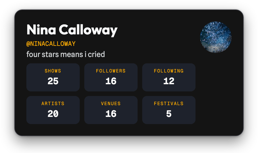 A profile header showing 25 shows logged across 20 artists, 16 venues, and 5 festivals