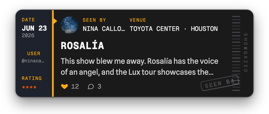 A logged ROSALÍA show as a printed ticket with a four-star rating and review